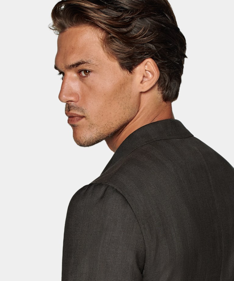 Dark Brown Herringbone Tailored Fit Havana Blazer