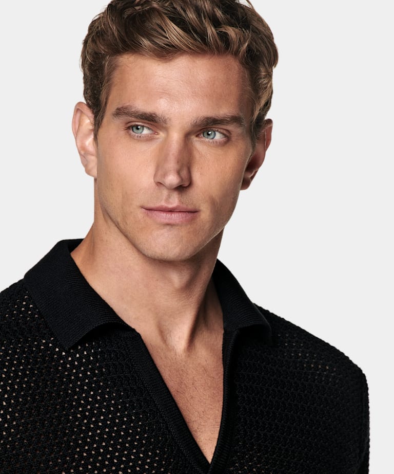 Black Crochet Buttonless Polo