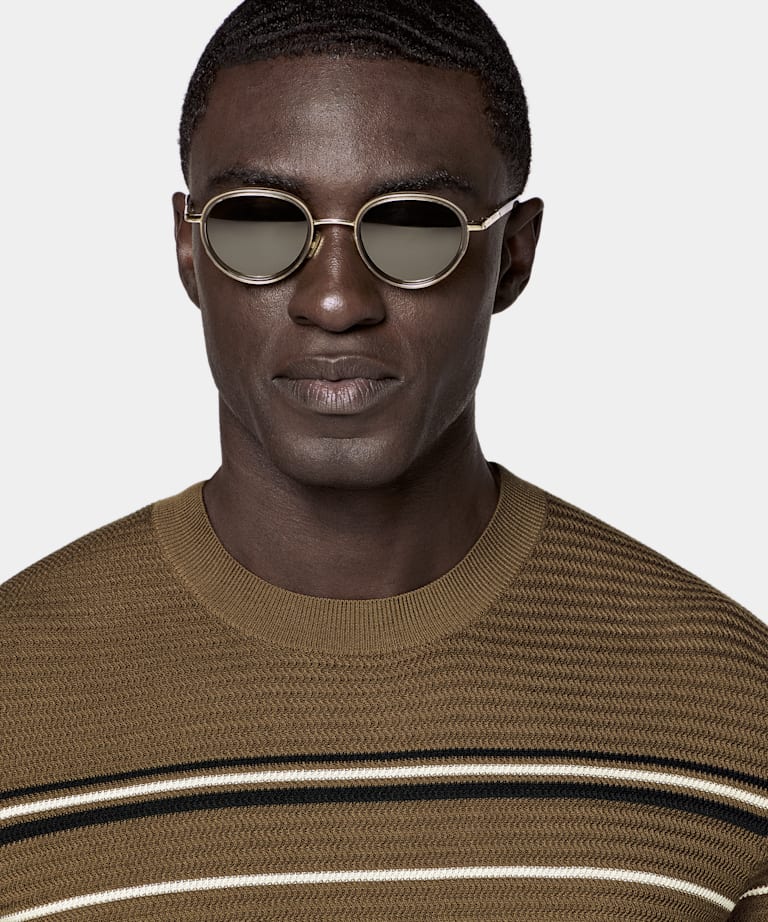 Dark Green Striped Jacquard Short Sleeve Crewneck