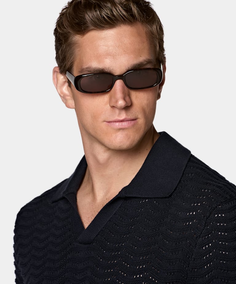 Navy Crochet Buttonless Polo