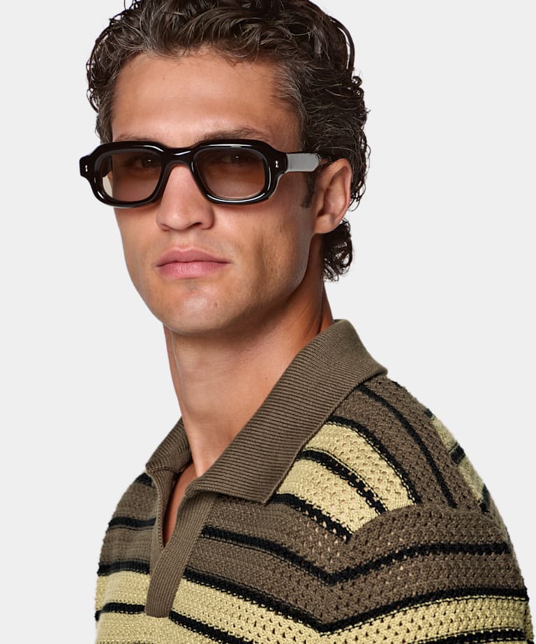 Mid Green Striped Crochet Buttonless Polo