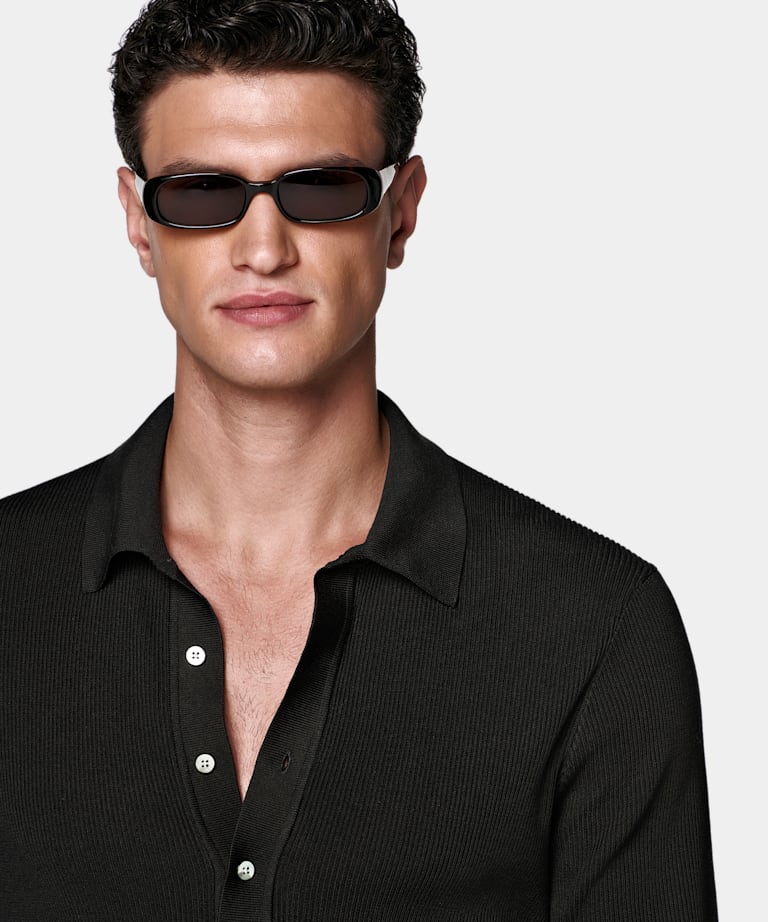 Black Ribbed Long Sleeve Polo