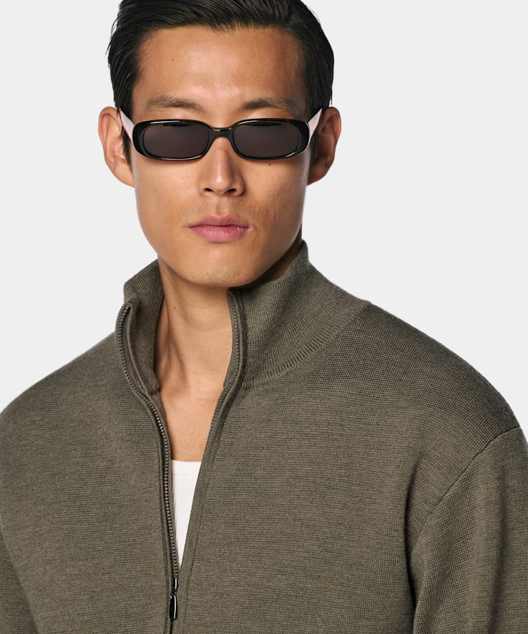Mid Green Merino Zip Cardigan