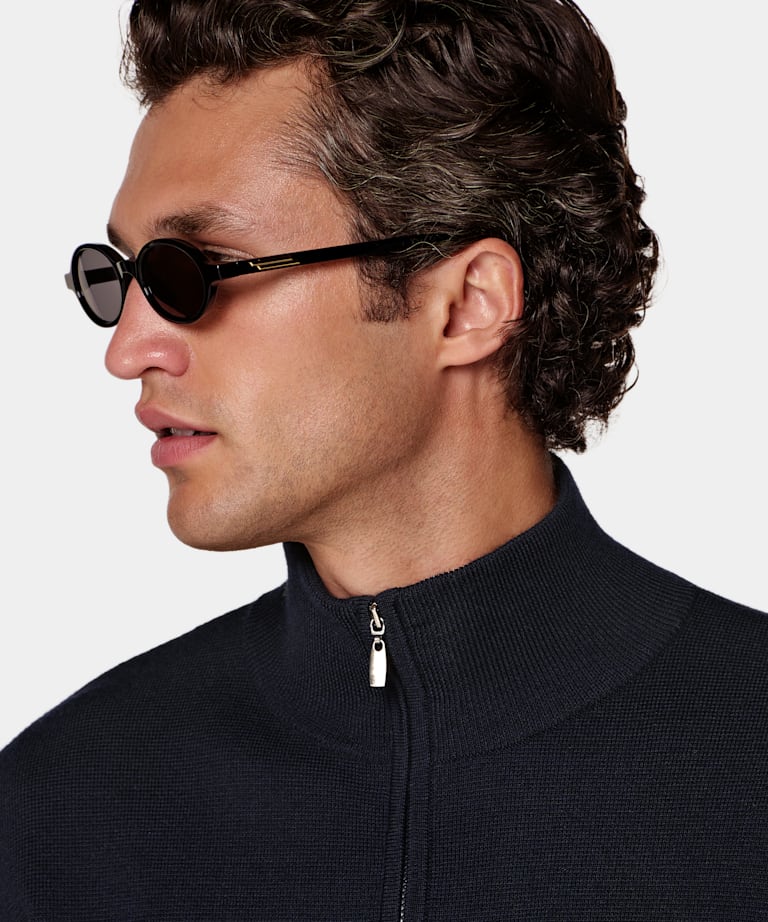 Navy Merino Zip Cardigan