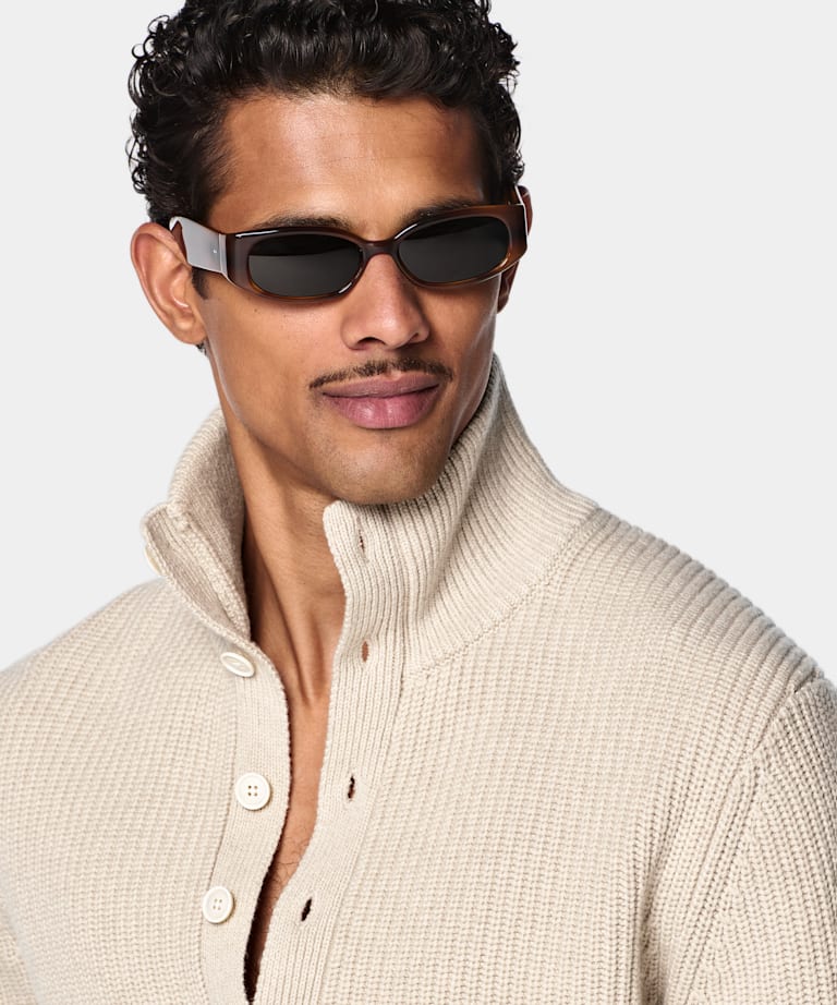 Light Brown Ribbed Long Sleeve Funnel-Neck