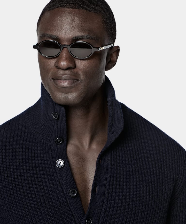 Navy Ribbed Long Sleeve Funnel-Neck