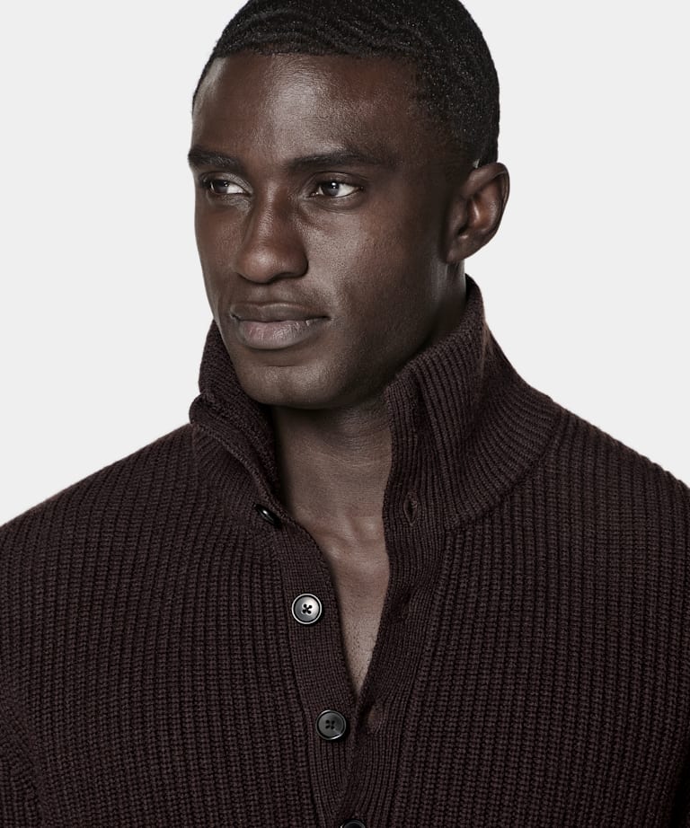 Dark Purple Ribbed Long Sleeve Funnel-Neck
