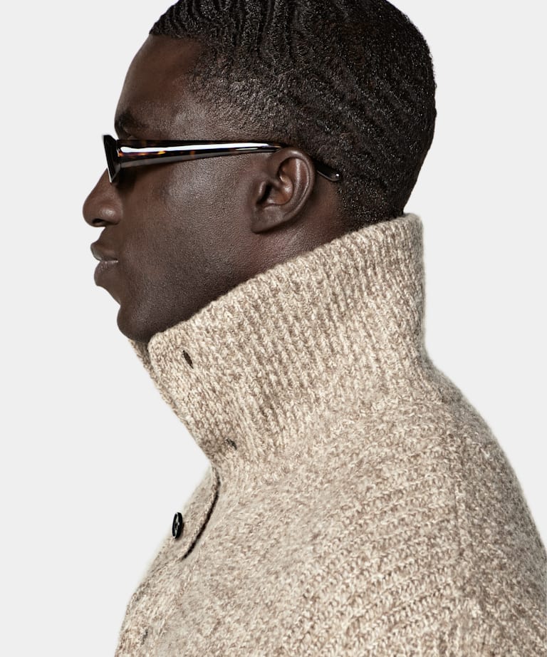 Light Brown Ribbed Moulin&eacute; Long Sleeve Funnel-Neck