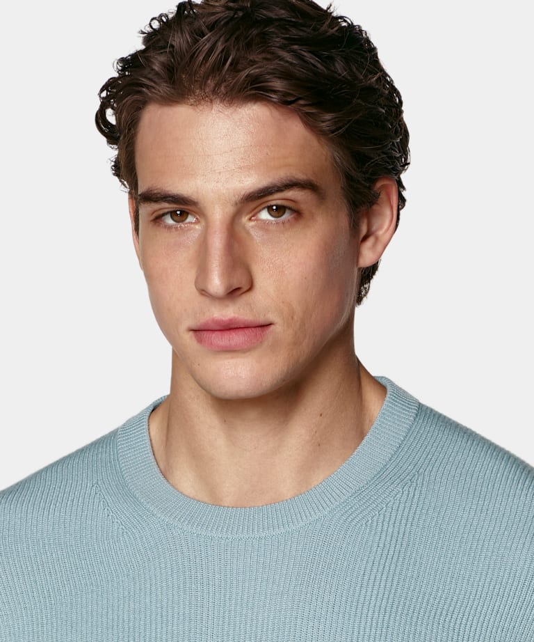 Girocollo merino azzurro a costine