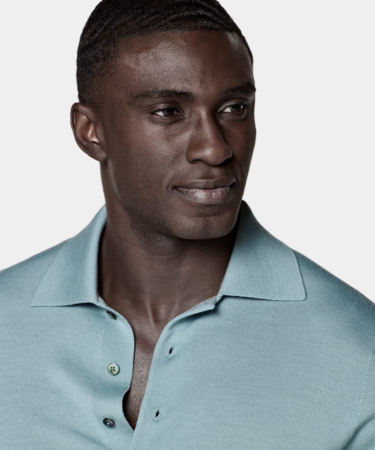 Light Blue Merino Long Sleeve Polo
