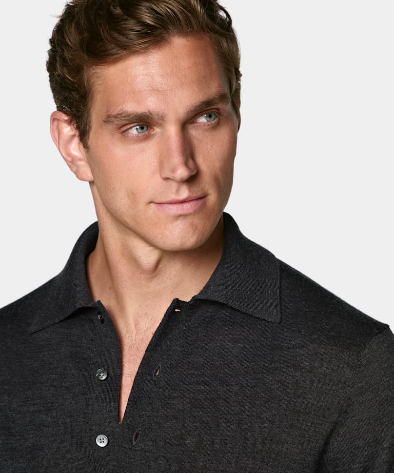 Dark Grey Merino Long Sleeve Polo