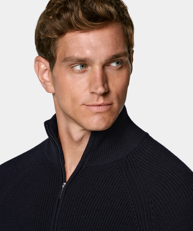 Navy Ribbed Zip Cardigan
