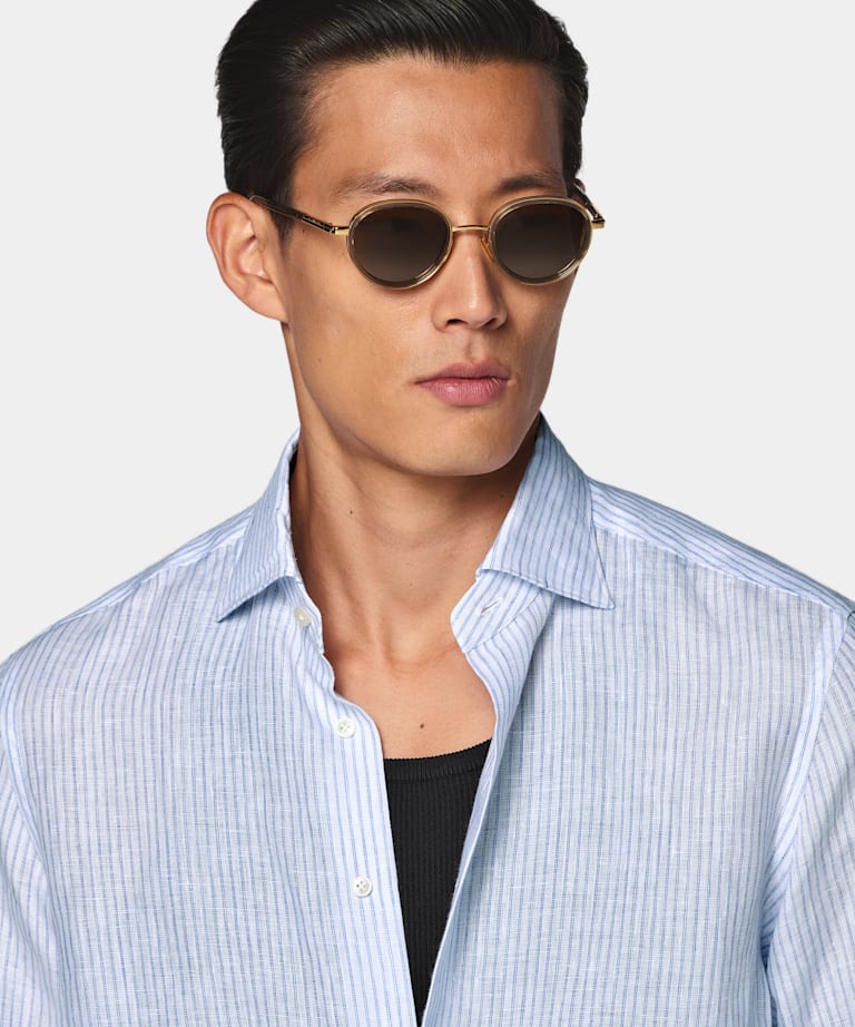 Mid Blue Striped Linen Shirt