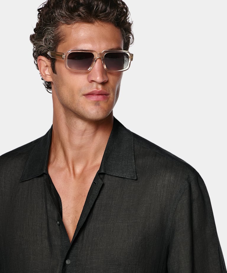 Black Viscose Linen Short Sleeve Shirt