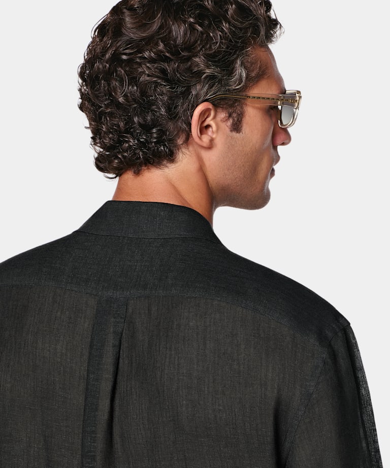 Black Viscose Linen Short Sleeve Shirt