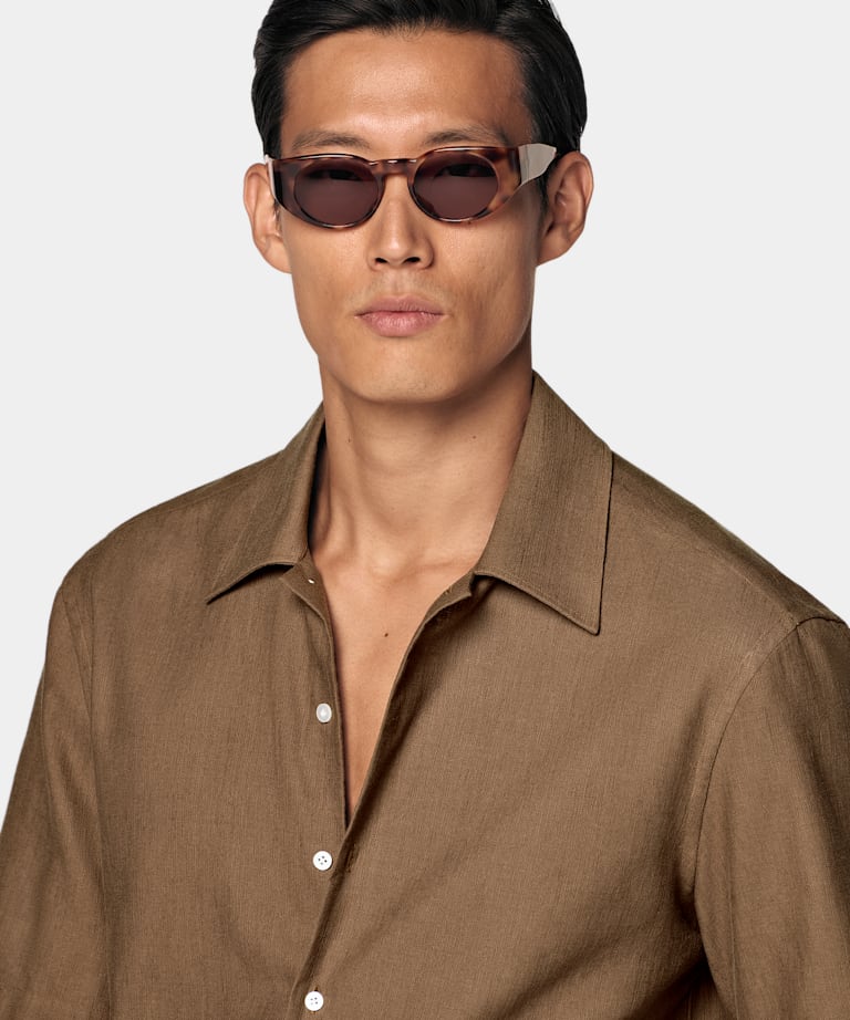 Mid Brown Cotton Short Sleeve Shirt