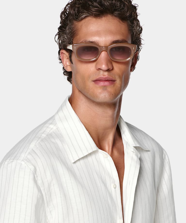 Light Grey Striped Linen Lyocell Short Sleeve Shirt