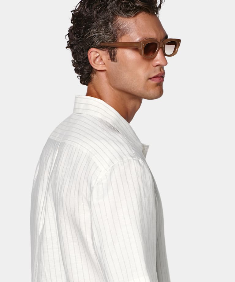 Light Grey Striped Linen Lyocell Short Sleeve Shirt