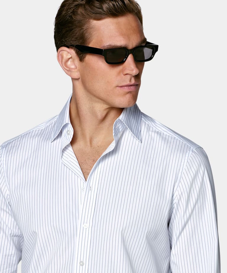 Mid Blue Striped Classic Collar Shirt