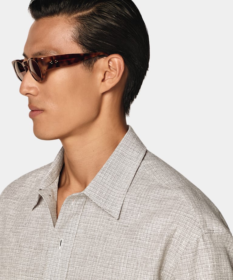 Mid Brown Checked Linen Cotton Blend Popover Shirt