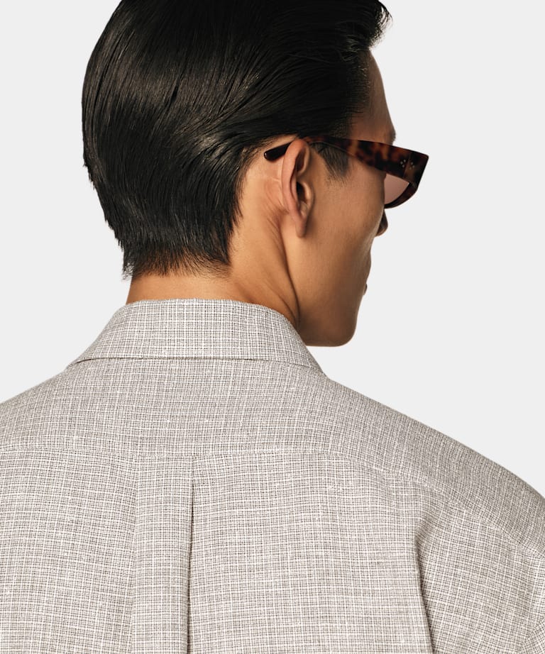 Mid Brown Checked Linen Cotton Blend Popover Shirt