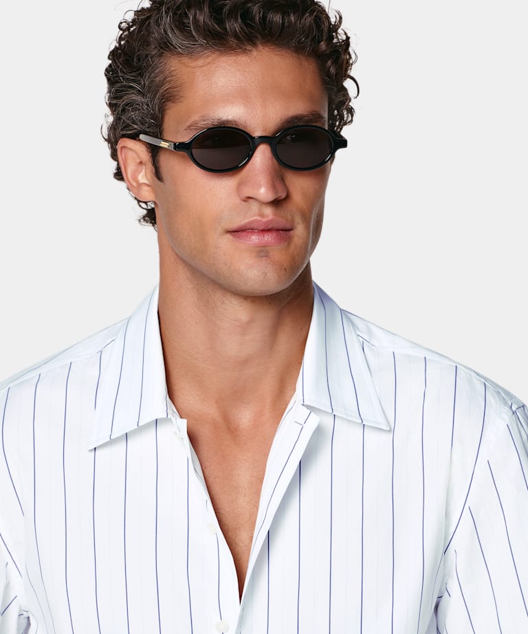 Mid Blue Striped Cotton Short Sleeve Shirt