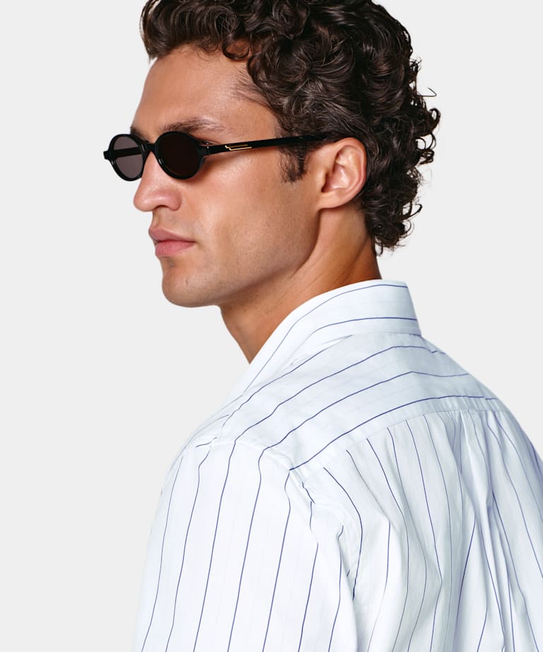 Mid Blue Striped Cotton Short Sleeve Shirt