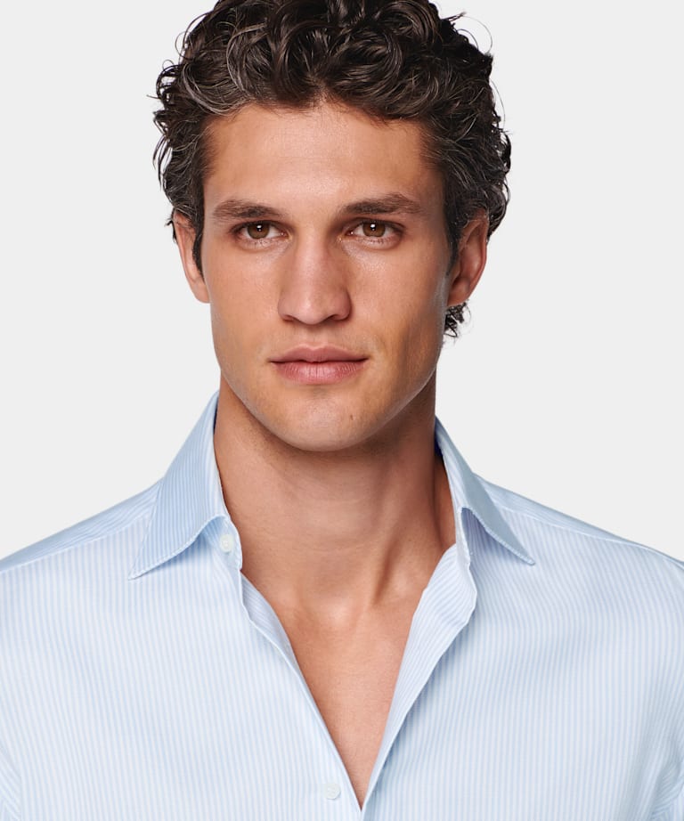 Light Blue Striped Widespread Collar Shirt