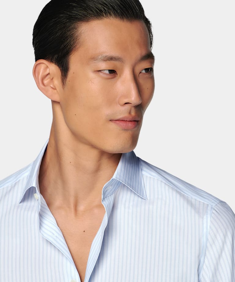 Light Blue Striped Widespread Collar Shirt