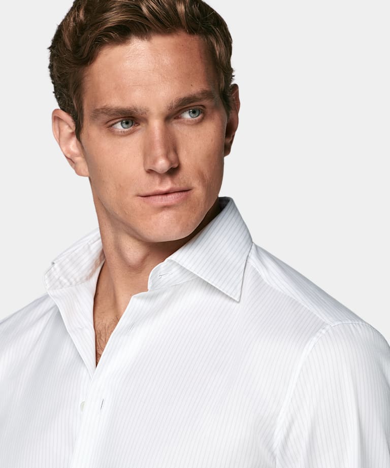 Light Grey Striped Widespread Collar Shirt