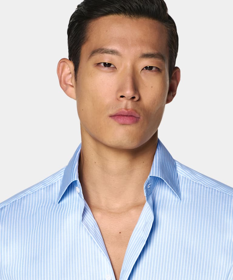 Mid Blue Striped Widespread Collar Shirt