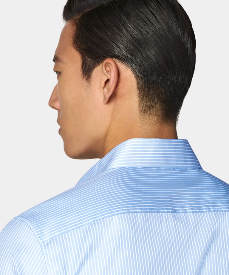 Mid Blue Striped Widespread Collar Shirt
