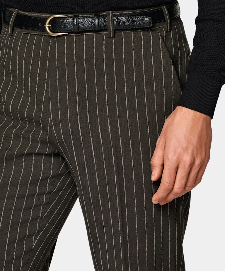 Dark Green Striped Tailored Fit Milano Suit