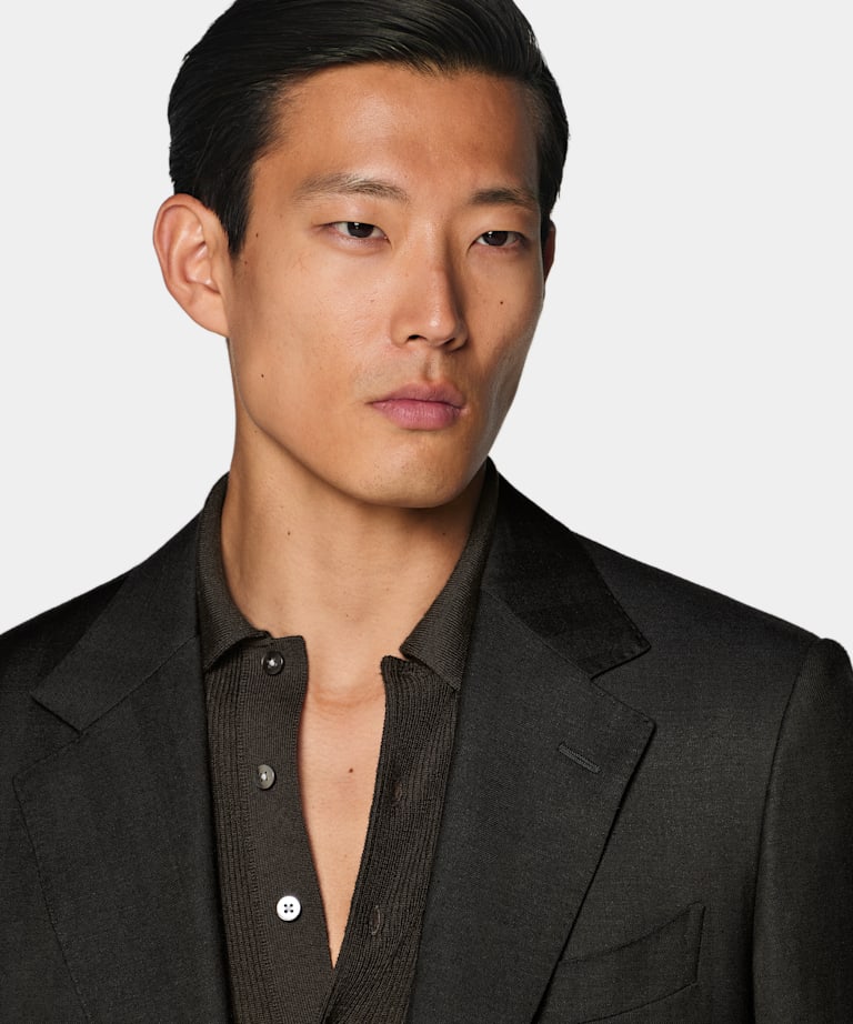 Dark Brown Herringbone Tailored Fit Milano Suit