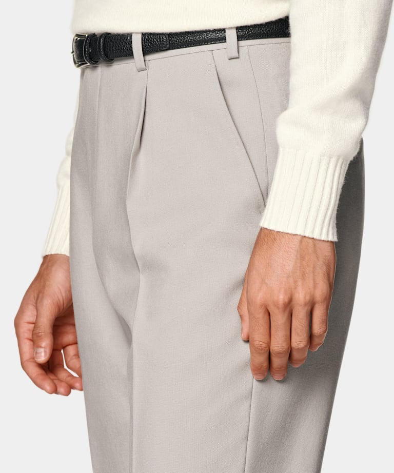 Light Taupe Wide Leg Tapered Suit Trousers