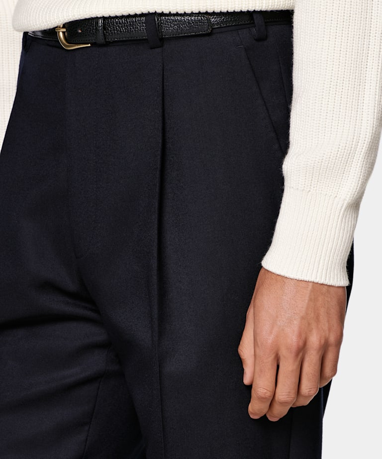 Navy Wide Leg Tapered Suit Trousers