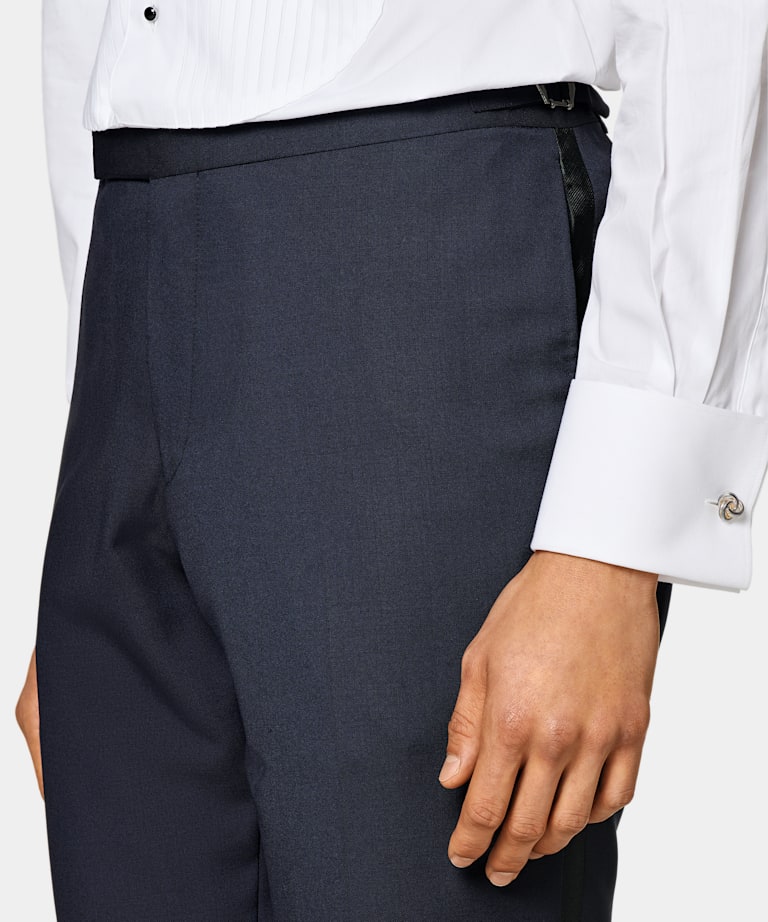 Navy Slim Leg Straight Tuxedo Trousers