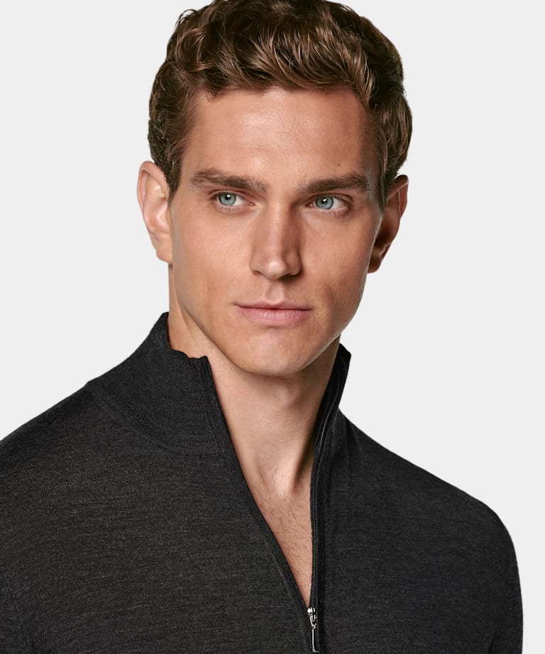 Dark Grey Merino Zip Cardigan