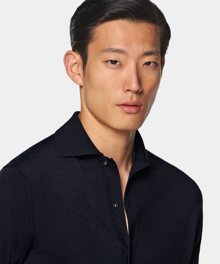 Navy Merino Long Sleeve Polo Cardigan