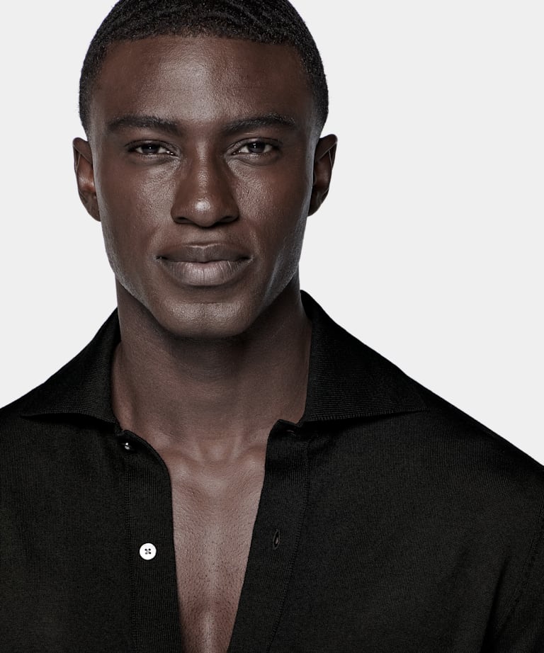 Cárdigan polo negro de manga larga merino