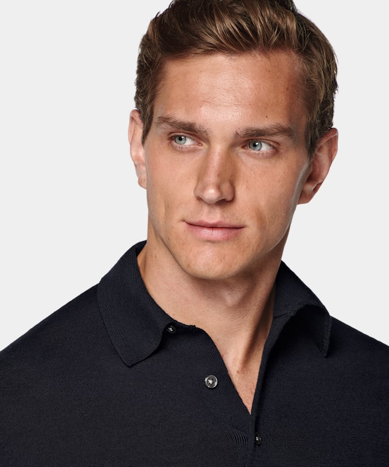 Navy Merino Long Sleeve Polo