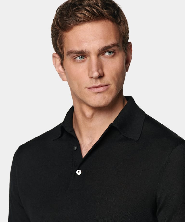 Black Merino Long Sleeve Polo