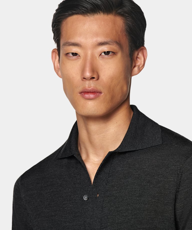Dark Grey Merino Long Sleeve Polo Cardigan