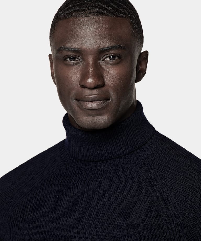 Merino Rollkragenpullover navy Rippstrick