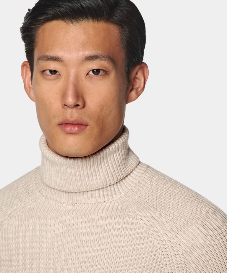 Sand Merino Ribbed Turtleneck