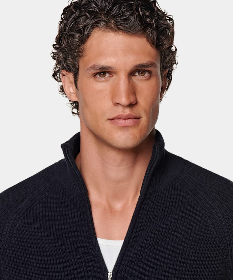 Navy Ribbed Zip Cardigan