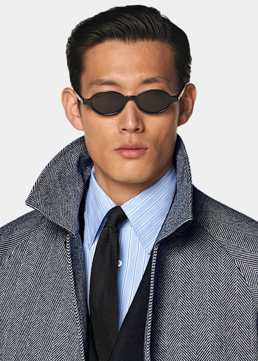 Navy Herringbone Relaxed Raglan Overcoat