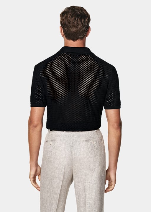 Black Crochet Buttonless Polo