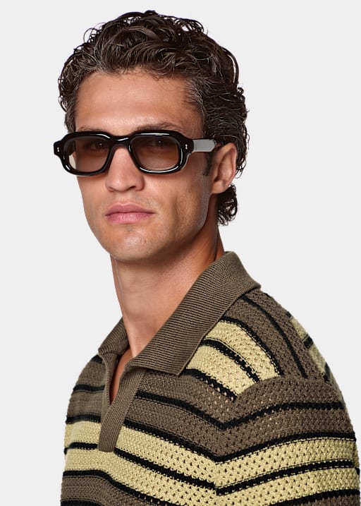 Mid Green Striped Crochet Buttonless Polo