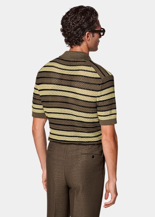 Mid Green Striped Crochet Buttonless Polo